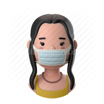 woman, female, person, people, long hair, necklace, pearl necklace, face mask, mask