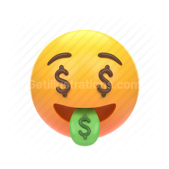 emoticon, emoji, sticker, face, greedy, greed, dollar, money, center