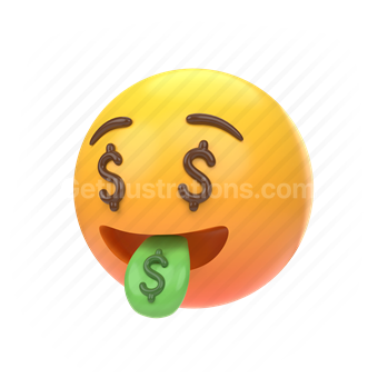 emoticon, emoji, sticker, face, greedy, greed, money, dollar, left