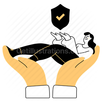 shield, checkmark, coverage, protection, safety, hand, gesture, insurance, woman