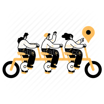 pin, marker, bicycle, transport, destination, location, teamwork, team, people