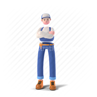 man, mechanic, worker, 3d, people, person, character, stand, arms crossed