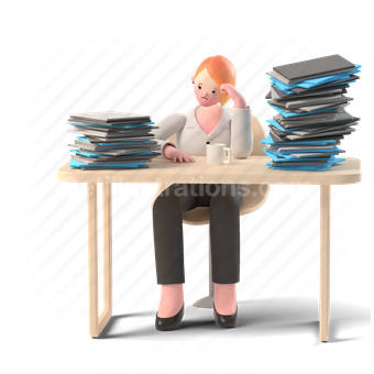 stress, pile up, 3d, people, person, desk, office, overworking, overworked, woman