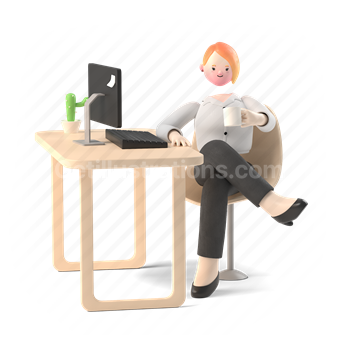 3d, people, desk, furniture, work place, woman, chair, computer, working