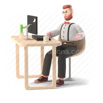 3d, people, person, character, frustration, desk, computer, work