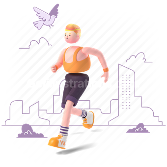 city, outdoors, run, running, 3d, people, man, active, bird, activity