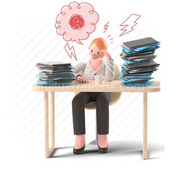 stress, overload, load, workload, woman, desk, pile, 3d, people, files