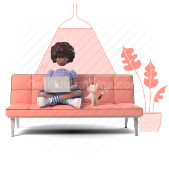 work from home, at home, pet, animal, working, laptop, livingroom, 3d, people, woman