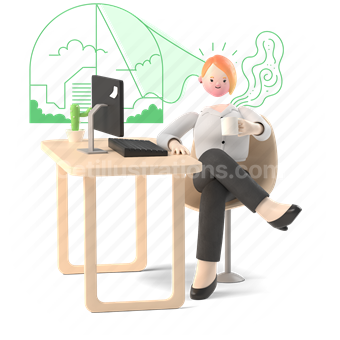 desk, computer, working from home, work from home, drink, 3d, people