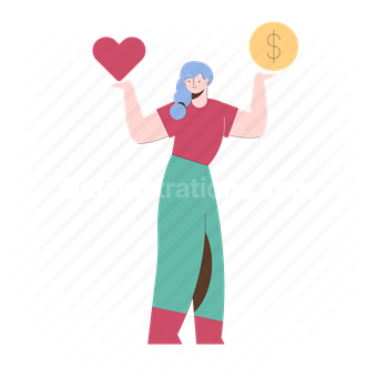 money, balance, heart, woman, female