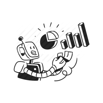 robot, analytics, data, bar graph, pie chart