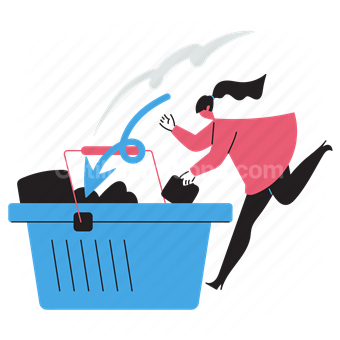 basket, shopping, add, product, item, woman, arrow