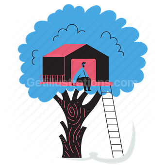 house, treehouse, outdoors, ladder, man, backyard, accommodation
