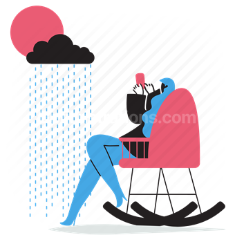 raining, rain, cloud, sun, rocking chair, chair, woman, device, leisure