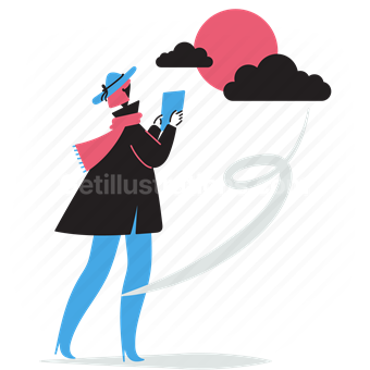 cloudy, sun, sunny, day, tablet, device, electronic, woman