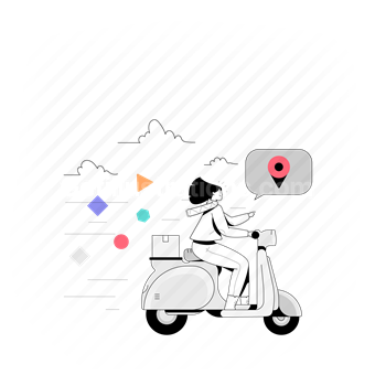 woman, scooter, vespa, transport, location, logistic, delivery, map, marker, pin