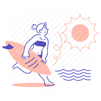 surfboard, surfing, woman, beach, sun, water, sea, ocean