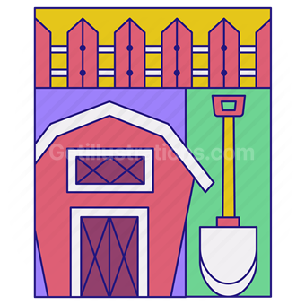 farm, fence, tool, shovel, farming, barn, house, building