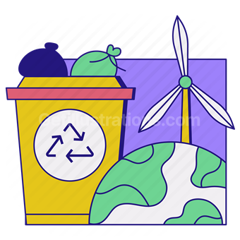 recycle, trash, garbage, can, windmill, earth, planet, power, energy