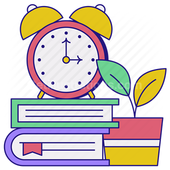 book, notebook, read, reading, library, alarm, clock, countdown, plant