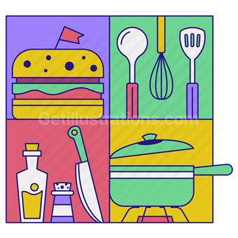 kitchen, tool, utilities, knife, spoon, hamburger, burger, pot