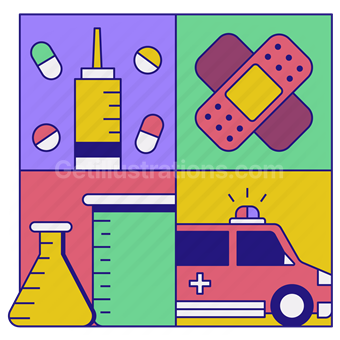 medical, health, bandaid, plaster, injection, vaccine, syringe, ambulance, test tube