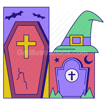 halloween, scary, spooky, coffin, hat, tombstone, graveyard, grave