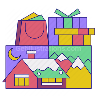 present, gift, bag, house, home, snow, mountain, boxes