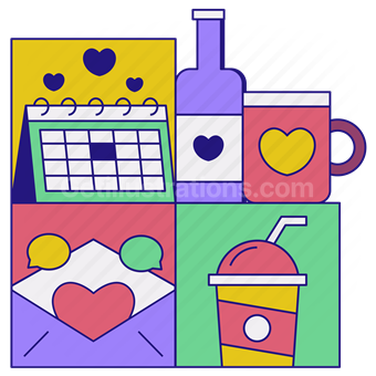 valentine, date, romance, calendar, drink, beverage, message, envelope