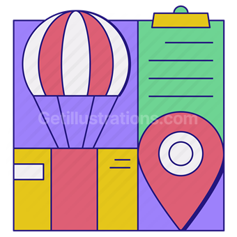 delivery, package, box, marker, pin, clipboard, parachute, dropship