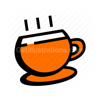 hot beverage, coffee cup, steam, orange mug, Vector illustration