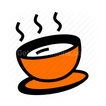 hot coffee, steaming drink, orange cup, black outline