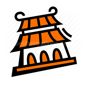 chinese temple, asian architecture, curved roof, orange tiles, Vector illustration