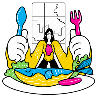 fish, dinner, nutrition, diet, healthy, fork, spoon, restaurant, gastronomy, woman