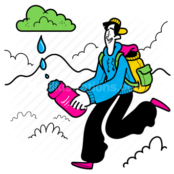 water, rain, raining, cloud, outdoors, hiking, backpack, bottle, drink, beverage