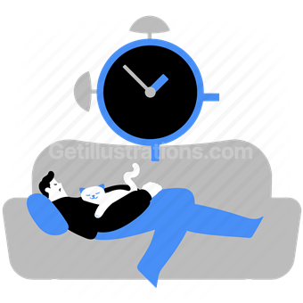 couch, man, cat, pet, clock, time, timer, alarm, nap, sleep, relax