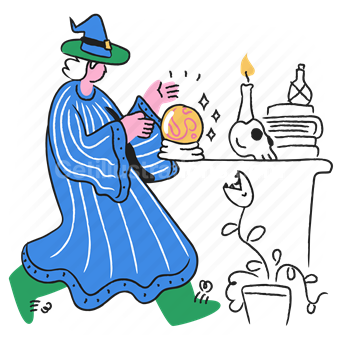 iwitch, magician, magic, spell, skull, candle, crystal, ball, books, woman, character