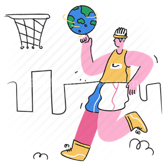basketball, net, ball, earth, planet, city, man, person, character, people