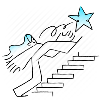 achievement, accomplishment, stairs, star, promotion, woman, abstract