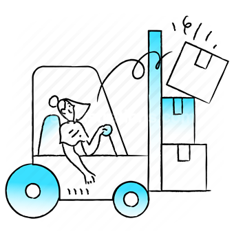 construction, forklift, box, package, warehouse, storage, woman, people