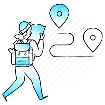 route, destination, location, marker, pin, map, woman, backpack