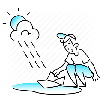 forecast, climate, cloud, rain, raining, sun, boy, play, paper, boat