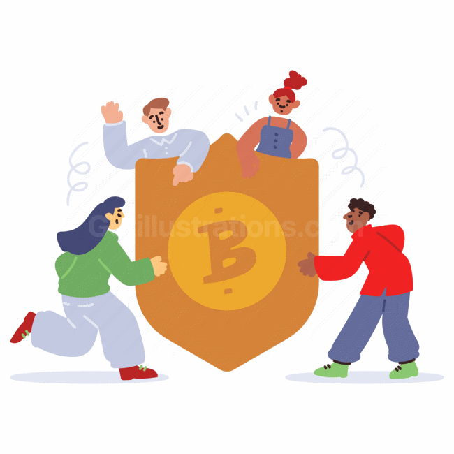 bitcoin, shield, crypto, cryptocurrency, group, people