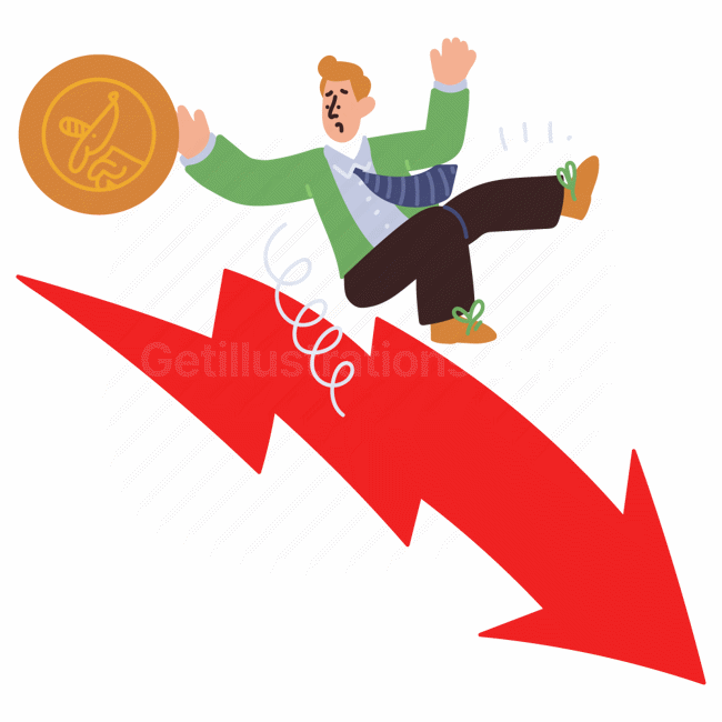 decrease, arrow, down, coin, cryptocurrency, currency, man