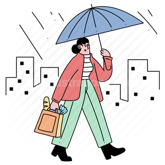 outdoors, rain, raining, city, groceries, bag, shopping, woman, people, umbrella