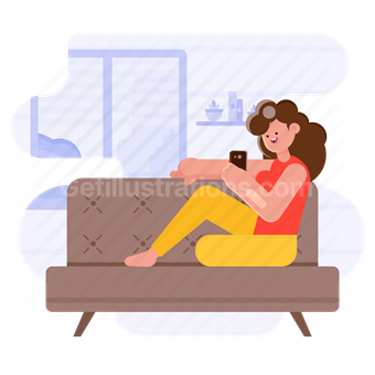 home, woman, girl, person, couch, furniture, furnishing, smartphone, device, people