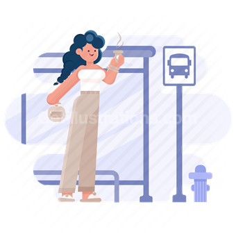 woman, girl, person, bus, travel, bus stop, drink, beverage, coffee, people