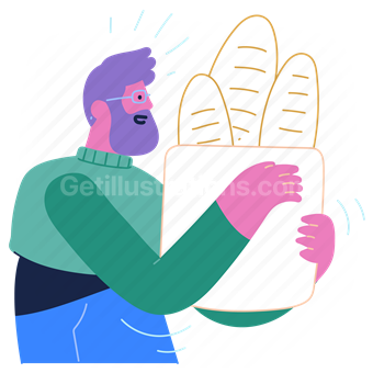 baguette, bread, bag, bakery, pastry, man, male, person, people, fresh
