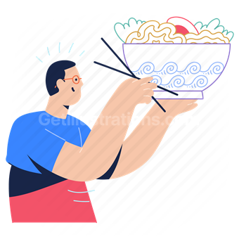 bowl, salad, noodles, asian, cultural, chopsticks, man, male, person, people
