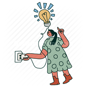 lightbulb, light, lighting, plug, cable, woman, people, connect, idea, thought